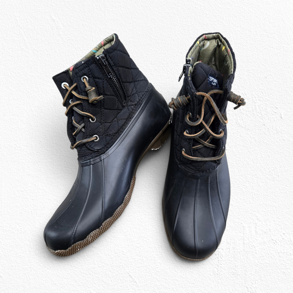 Sperry Black Quilted Rain Boot Fishing Lure Lining Saltwater Duck Boot Size 9